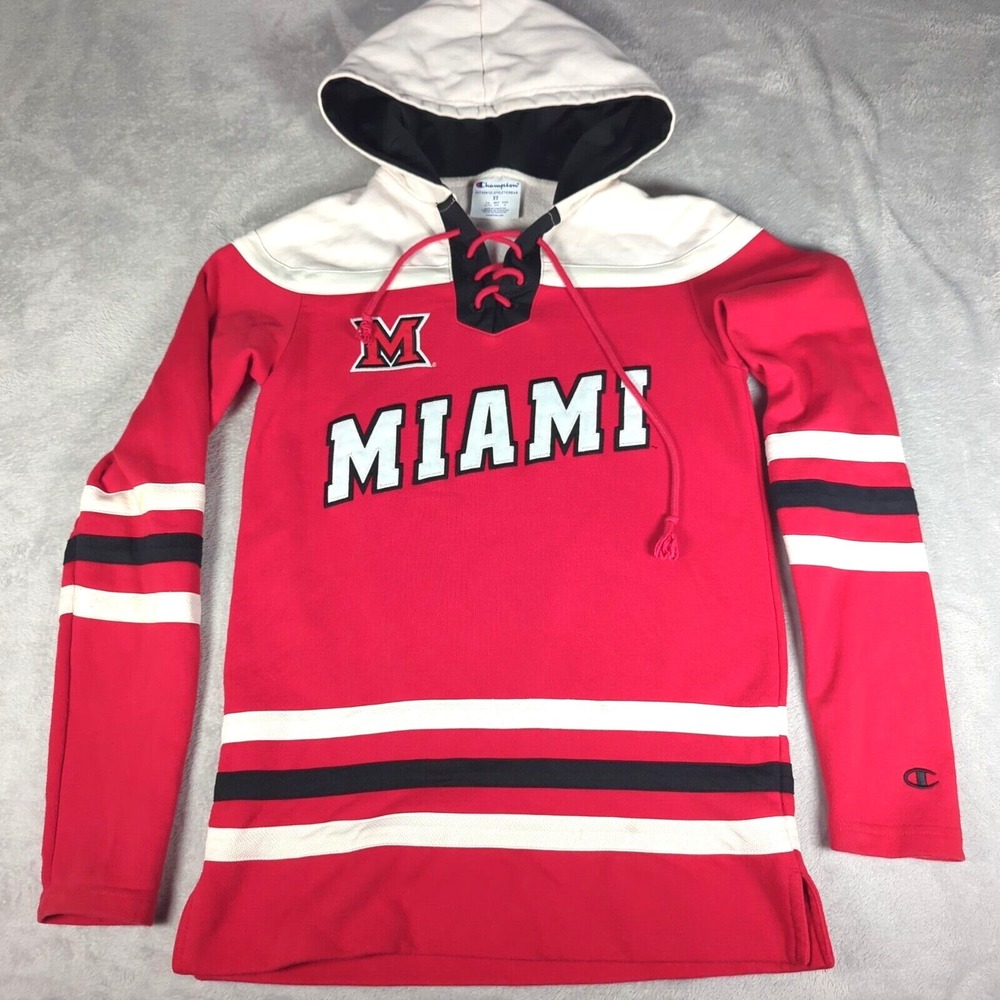 Miami Hoodie‎ Mens XS Champion Red Lace-Up Pullover Red Hawks Sweatshirt Vintage
